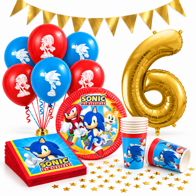Sonic 6-årskalas – komplett kit med guldfärgad sifferballong 6 och Sonicdukning