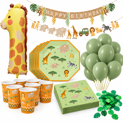 1-års kalas kit Safari, alla sju dekorationerna med giraffballong och safaridukning