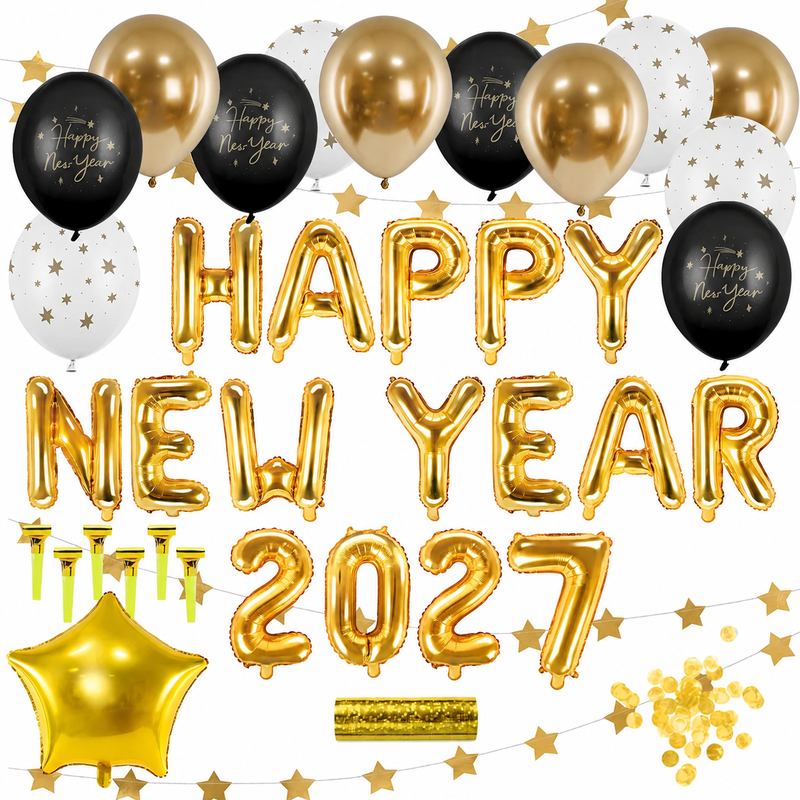 Nyårspaket Deluxe 2027 med Happy New Year-folieballonger, guldfärgade 2027-siffror, svartvita och guldfärgade ballonger samt nyårsdekorationer