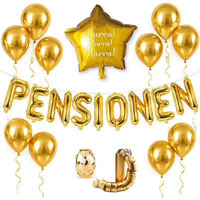 Pensionen fest kit guld med guldfärgade PENSIONEN-bokstavsballonger, tio chrome-guldballonger, Hurra-stjärnballong, serpentiner och ballongsnöre