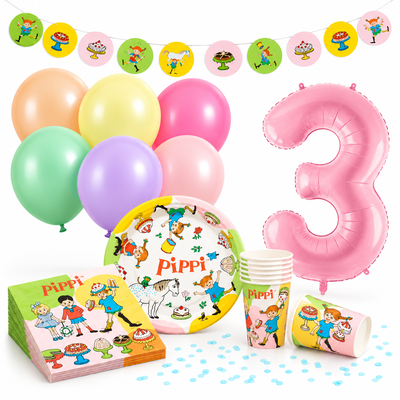 Pippi 3-årskalas i pastell, komplett kalaspaket med rosa sifferballong 3