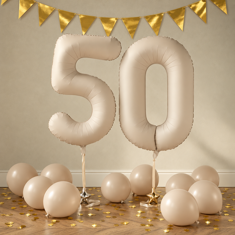 Elegant 50-årsdekoration med stora greige sifferballonger 50, hasselnötsfärgade ballonger och gulddetaljer