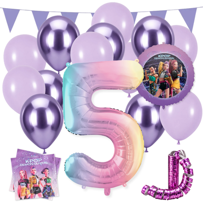 K-pop 5-års kalaspaket med stor femma, lila ballonger, servetter, vimpel, serpentiner och K-pop-folieballong