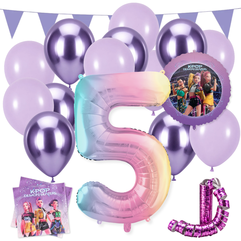 K-pop 5-års kalaspaket med stor femma, lila ballonger, servetter, vimpel, serpentiner och K-pop-folieballong