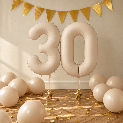 Elegant 30-årsdekoration med greige sifferballonger 30, hasselnötsfärgade ballonger och gulddetaljer