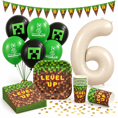 Minecraft 6-års kalas kit med tallrikar, muggar, servetter, ballonger, vimpelgirlang och sifferballong 6
