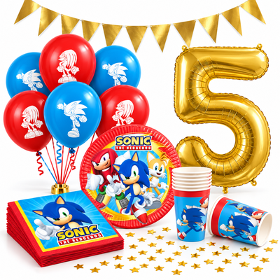 Sonic 5-årskalas – komplett kit med guldfärgad sifferballong 5 och Sonicdukning