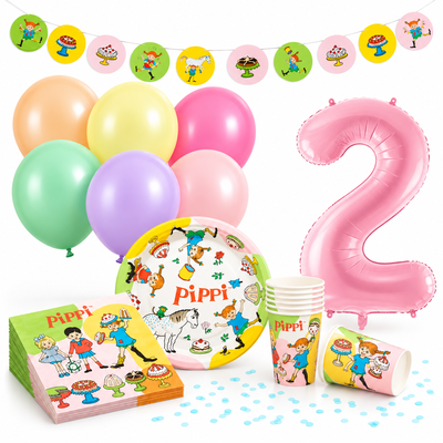 Pippi 2-årskalas i pastell, komplett kalaspaket med rosa sifferballong 2