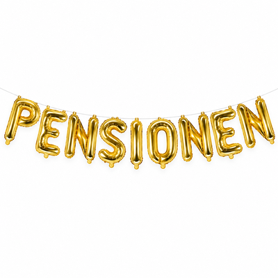 Guldfärgade folieballonger som bildar PENSIONEN, upphängda som girlang med fiskelina