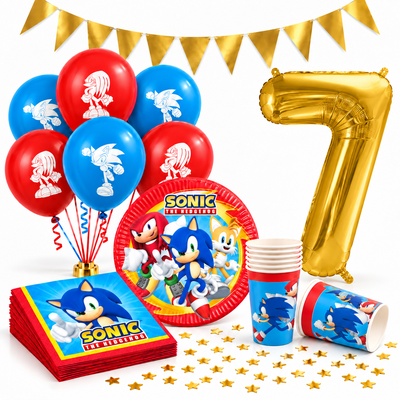 Sonic 7-årskalas – komplett kit med guldfärgad sifferballong 7 och Sonicdukning