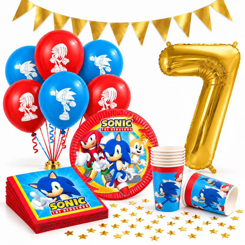 Sonic 7-årskalas – komplett kit med guldfärgad sifferballong 7 och Sonicdukning