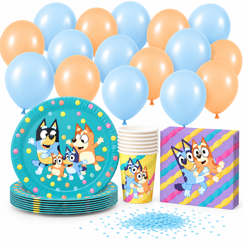 Bluey kalaspaket för 8 gäster med ballonger och konfetti