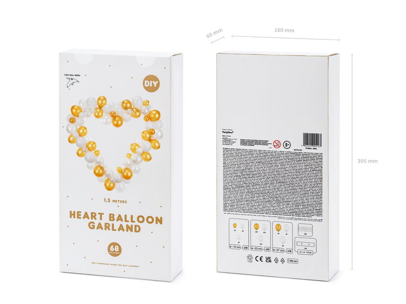 Ballonggirlang Hjärta, vit/guld, 68 delar