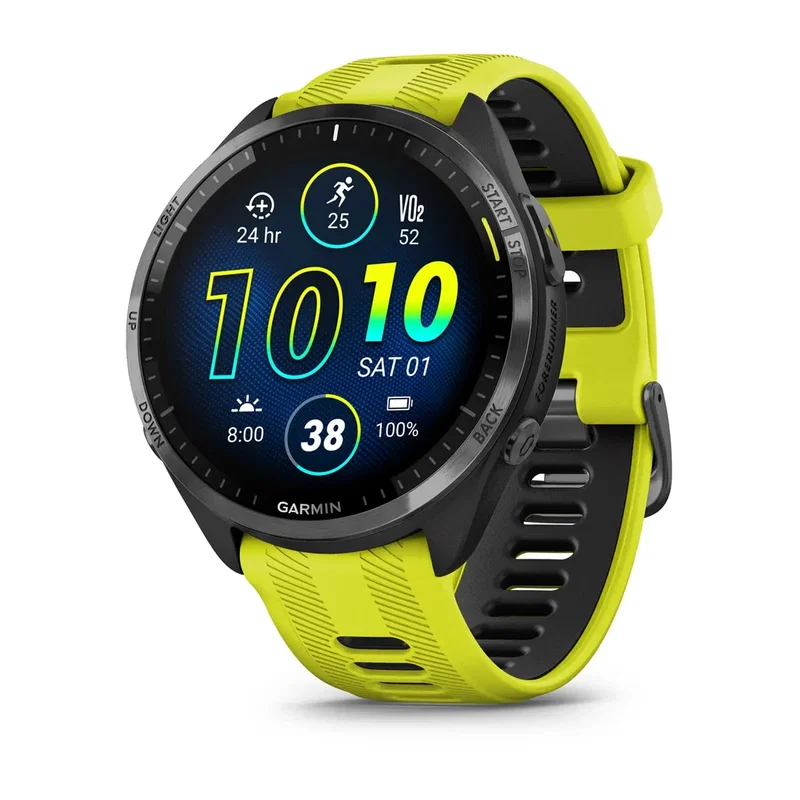 Garmin Forerunner 965 smartwatch med AMOLED-skærm og titanramme, set forfra.