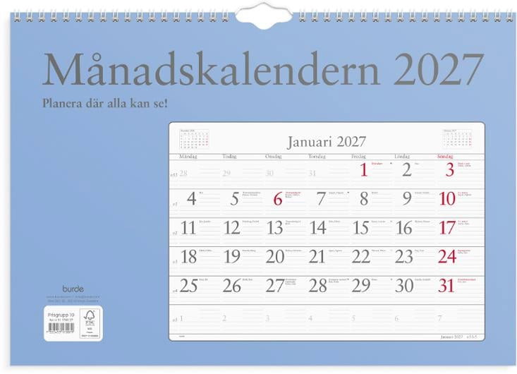 Väggkalender Burde 1700 Månadskalendern 2027