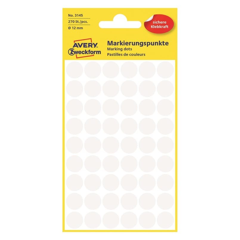 Etikett Avery färgsignal vit Ø 12mm, 270 st/fp