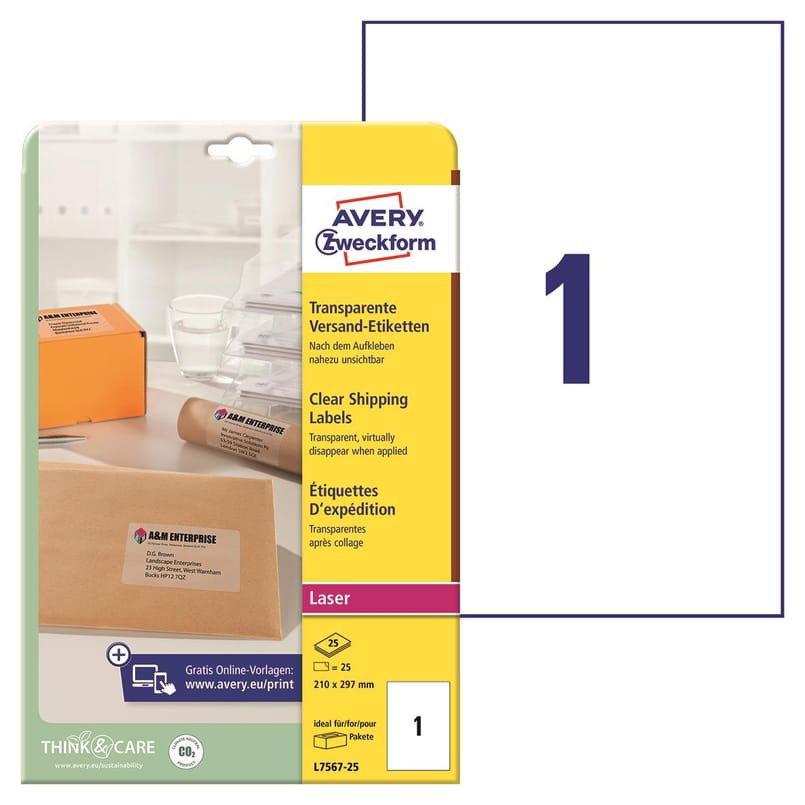 Laseretikett Avery L7567 transparent 210x297mm, 25/fp