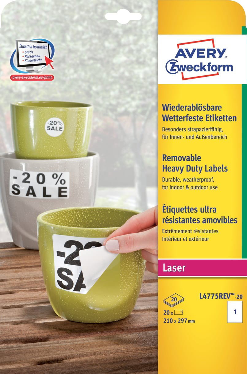 Laseretikett Avery L4775 Avtagbara Vit 210x297mm, 20 st/fp