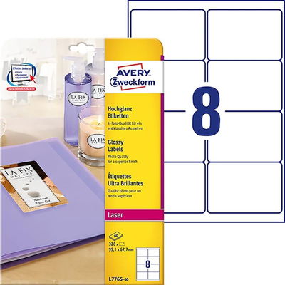 Fotoetikett Avery L7765 Glossy Vit 99,1x67,7mm, 320 st/fp