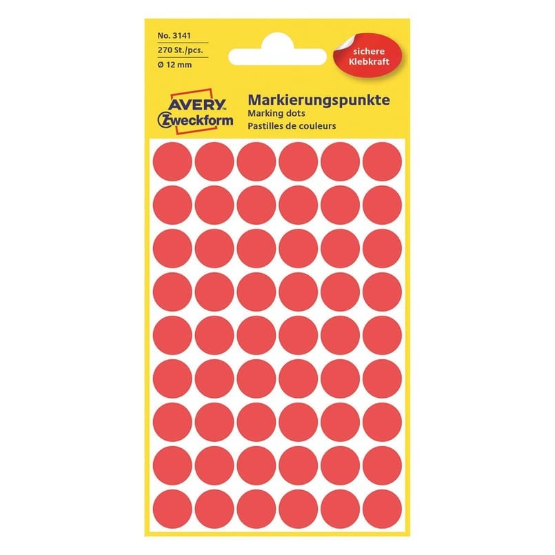 Etikett Avery färgsignal röd Ø 12mm, 270 st/fp