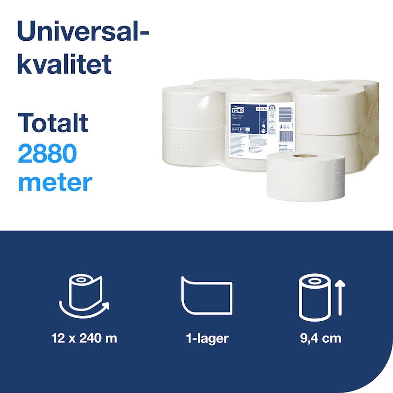 Toalettpapper TORK Mini Jumbo T2 1-lag Vit 240m, 12/fp