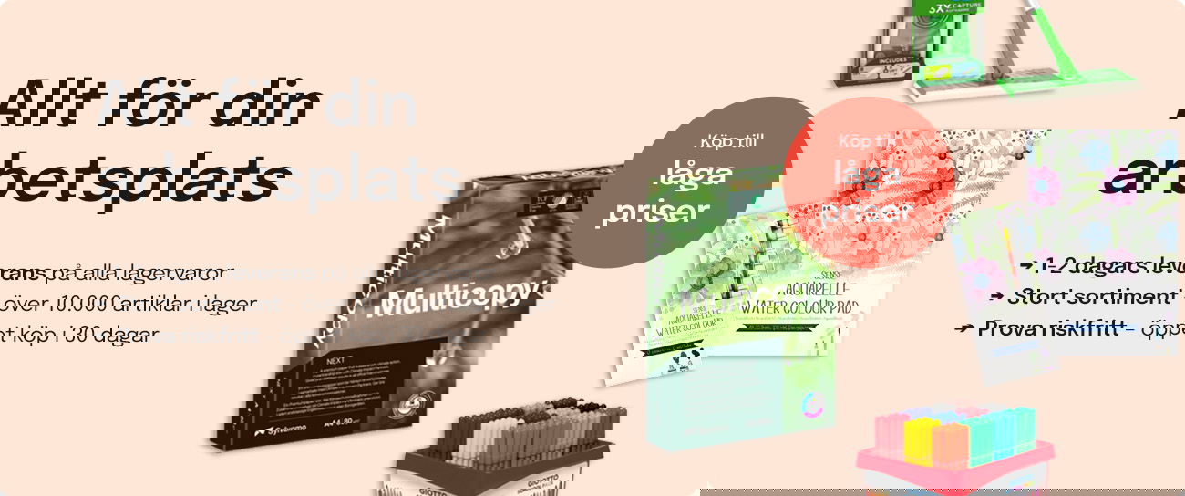 Kontorsmaterial - Köp ur ett komplett sortiment för kontor, lager, städning och lokalvård med personlig service och snabba leveranser.