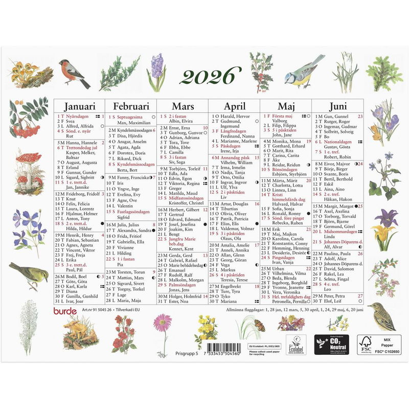 Väggkalender Lilla Naturalmanackan 2026