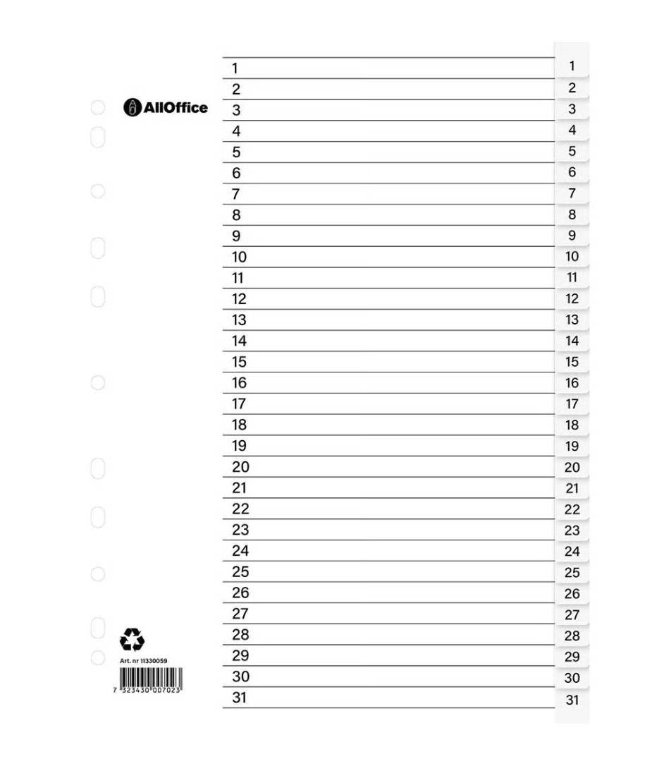 Pärmregister plast inkl. rubrikblad 1-31 A4