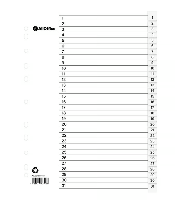 Pärmregister plast inkl. rubrikblad 1-31 A4