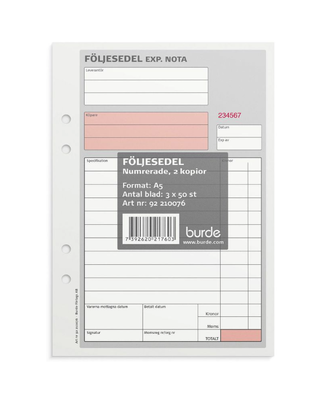 Följesedel A5 3x50 blad numrerad