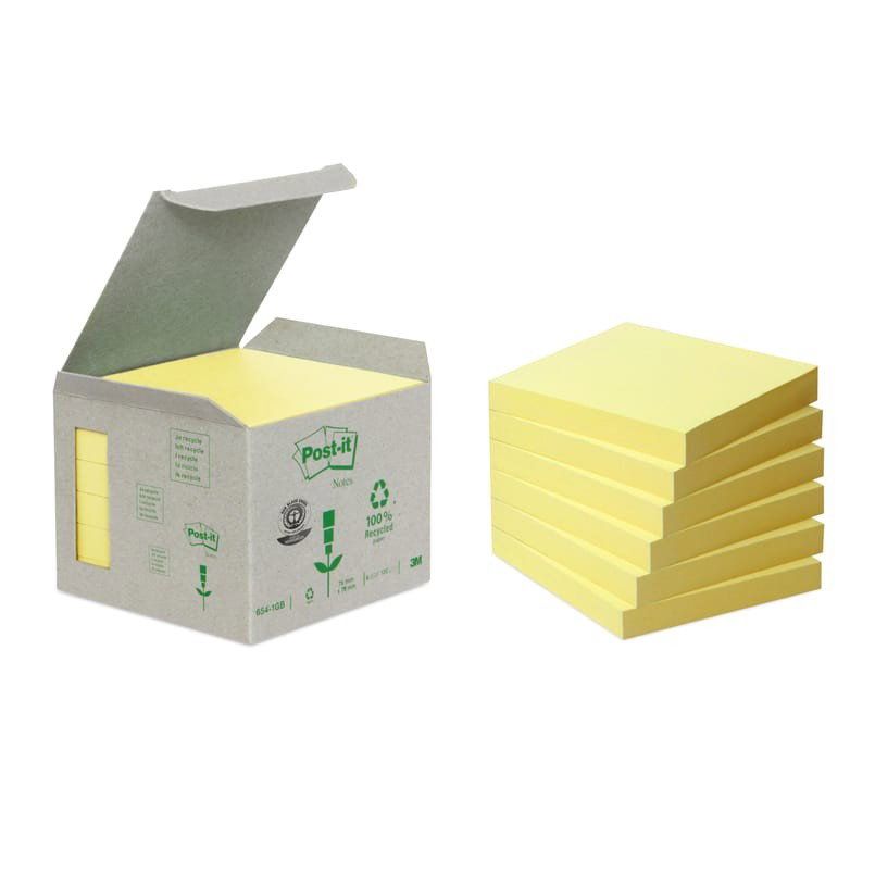 Post-it 100% Recycle gul 76x76mm, 6/fp