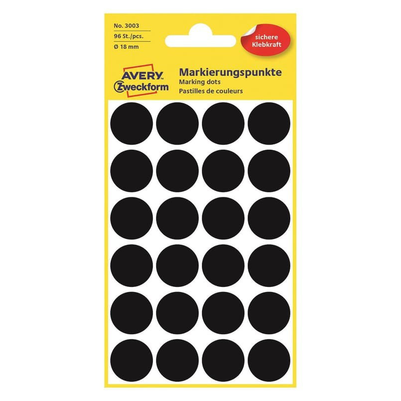 Etikett Avery färgsignal svart Ø 18mm, 96 st/fp