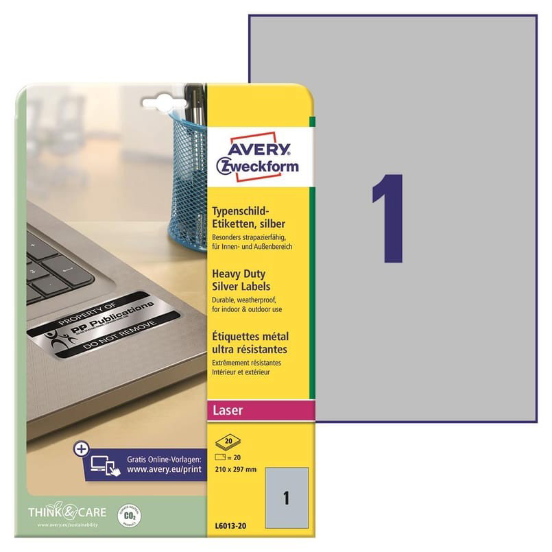 Laseretikett Avery L6013 Heavy Duty Silver 210x297mm, 20/fp