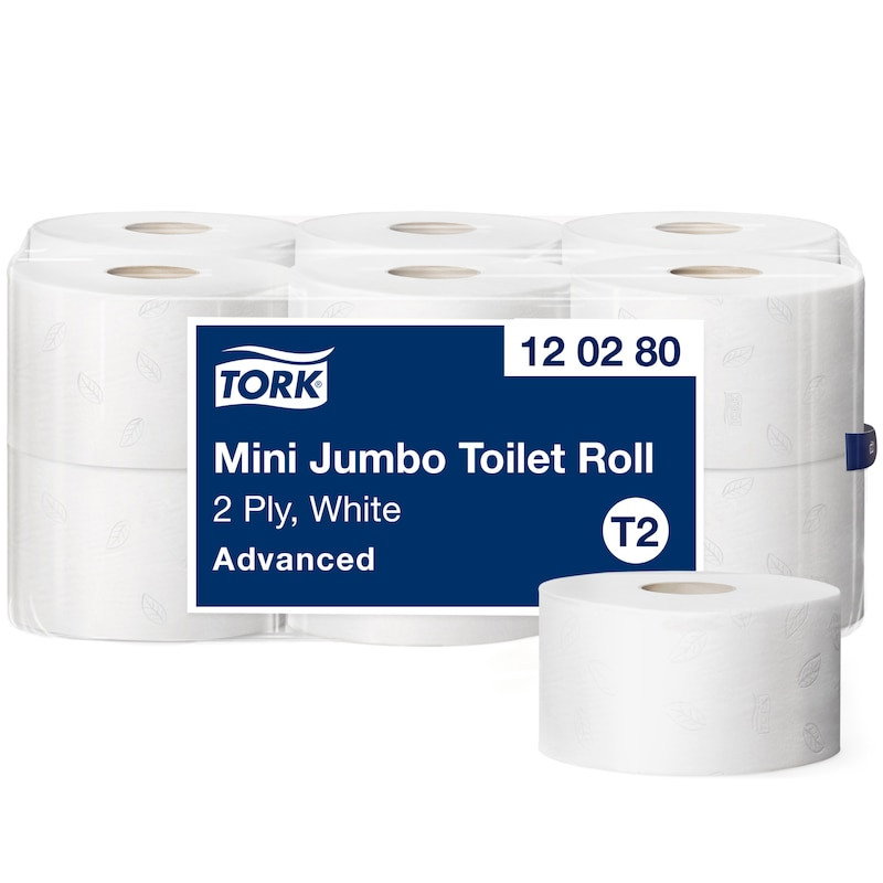 Toalettpapper TORK T2 Mini Jumbo Adv 2-lg Vit 170m, 12/fp