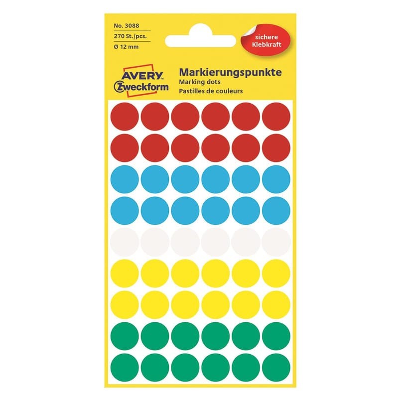 Etikett Avery färgsignal mixade färger Ø 12mm, 270 st/fp