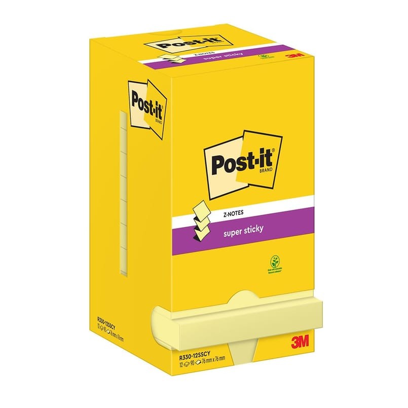 Notisar Post-it Super Sticky Z-Notes Gul 76x76mm, 12/fp