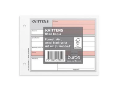 Kvittensblock Onumrerad 50 Sidor Utan Kopia A6L