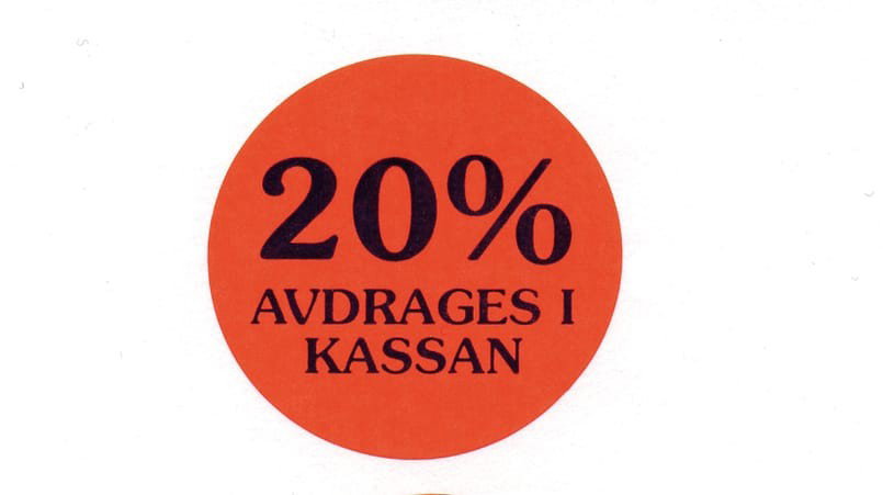 Etikett 20% avdrages i kassan röd, 2000 st / rulle