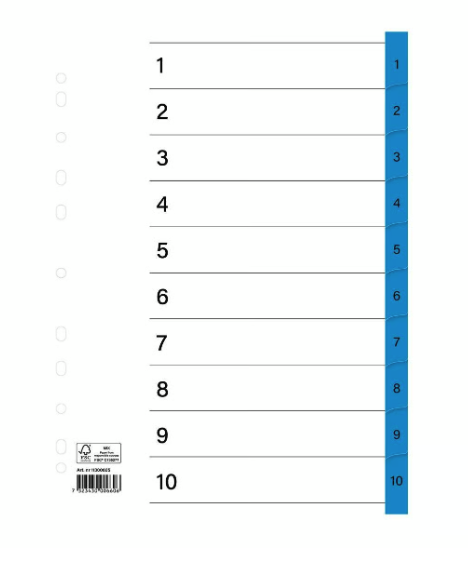 Pärmregister plastförstärkta flikar 1-10 Blå A4, 10/fp