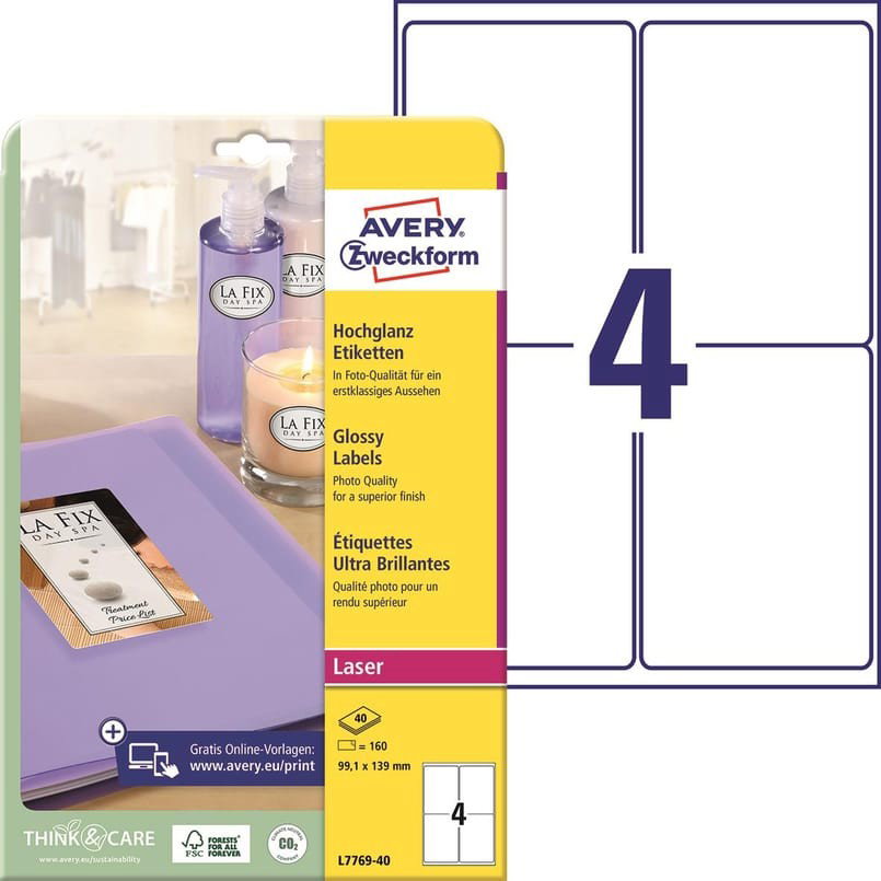 Fotoetikett Avery L7769 Glossy Vit 99,1x139mm, 160 st/fp