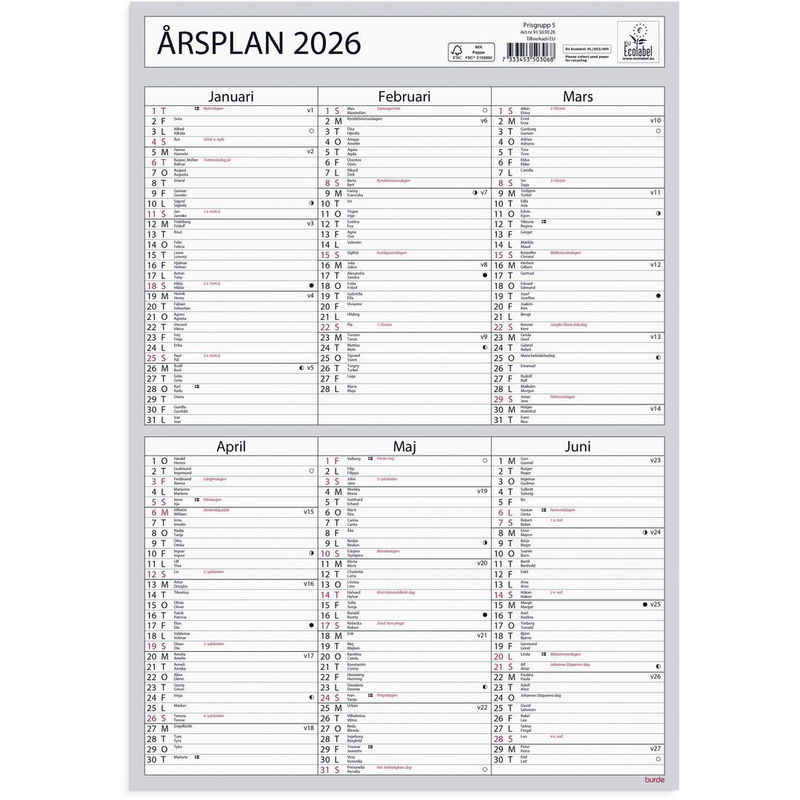 Väggkalender Årsplan 2026
