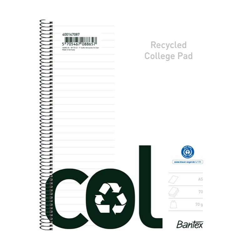 Kollegieblock Bantex Recycled Linjerat 70 Blad A5+ 70g