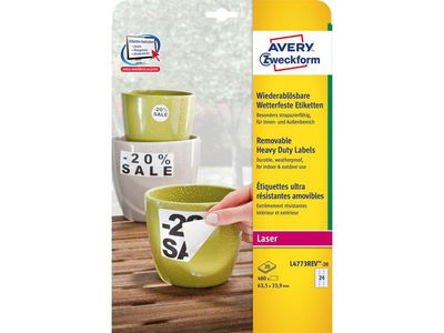 Laseretikett Avery Slitstark avtagbar L4773REV-20 vit 33,9x63,5mm