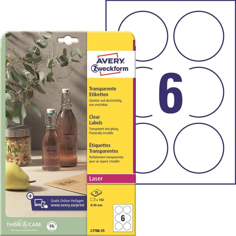 Laseretikett Avery L7788 Crystal Clear Ø80mm, 150/fp