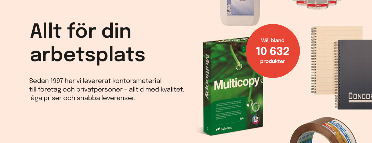 Kontorsmaterial - Köp ur ett komplett sortiment för kontor, lager, städning och lokalvård med personlig service och snabba leveranser.