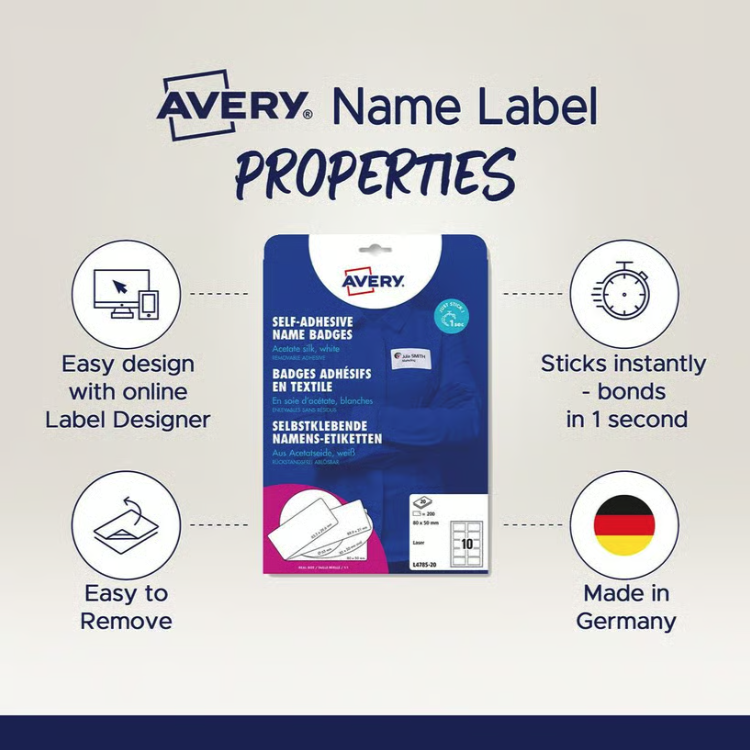 Namnskyltar Avery Sidenmaterial Avtagbara Vit 80x50mm,  200/fp