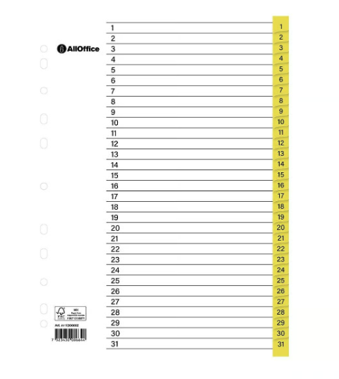 Pärmregister plastförstärkta flikar 1-31 Gul A4, 10/fp