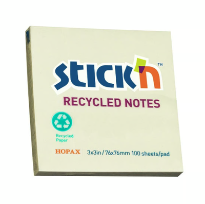 Notisar Stick´n 100% Recycled Gul 76x76mm, 12 st/fp