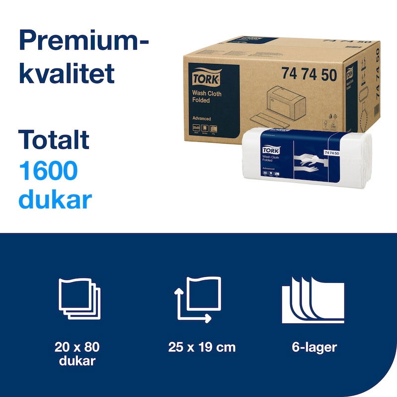 Tvättlapp TORK Adv 6-lag vit 1600/fp