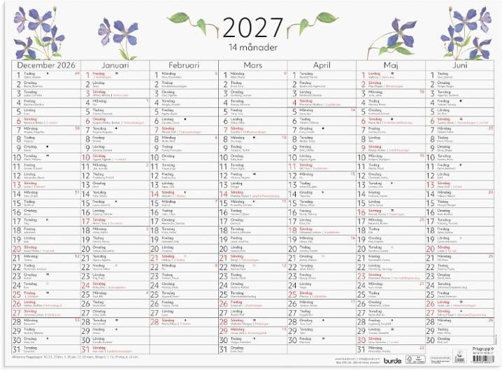 Väggkalender Burde 5076 Väggblad 14-Månaders 2027 490x360mm